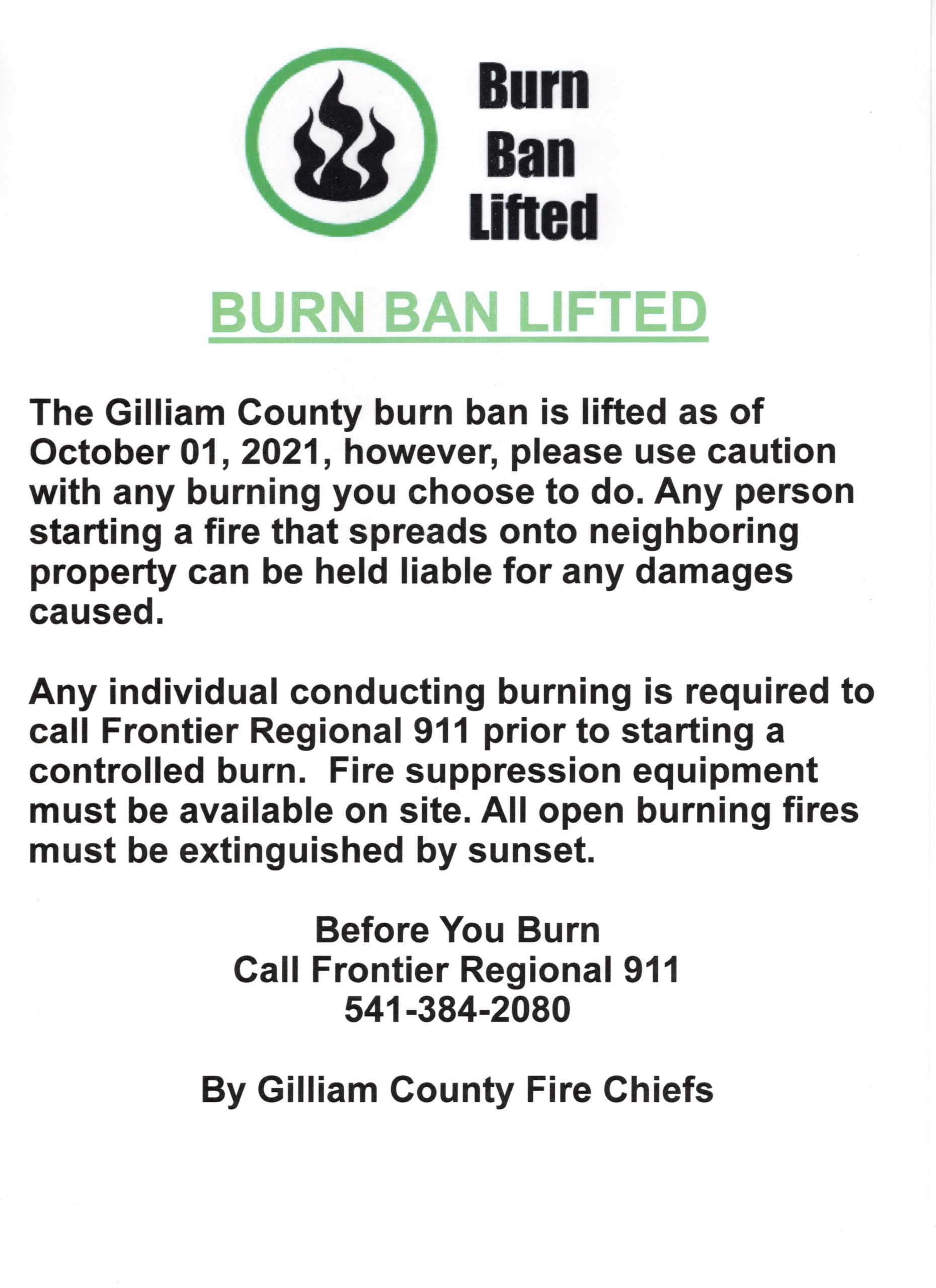 Burn Ban Lifted | City of Condon